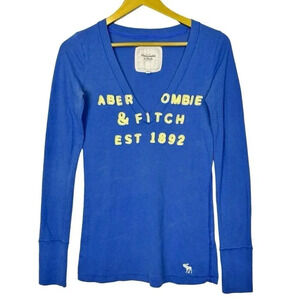 Vintage Y2K Abercrombie & Fitch V-Neck Long Sleeve T-Shirt Spell Out Logo S Blue